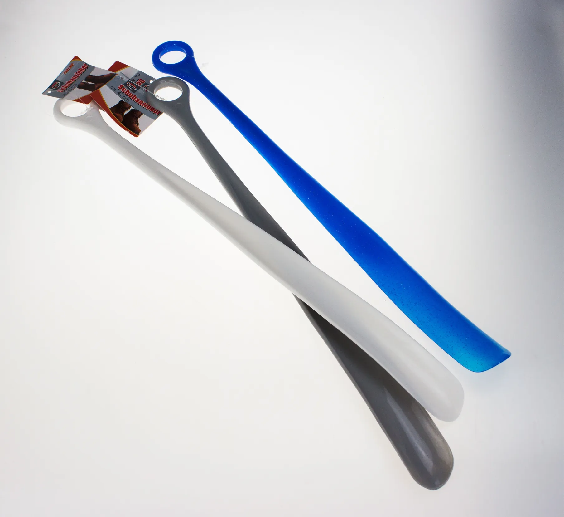 Schuhanzieher lang, 47cm, 3-fach sortiert (blau, grau, weiß)