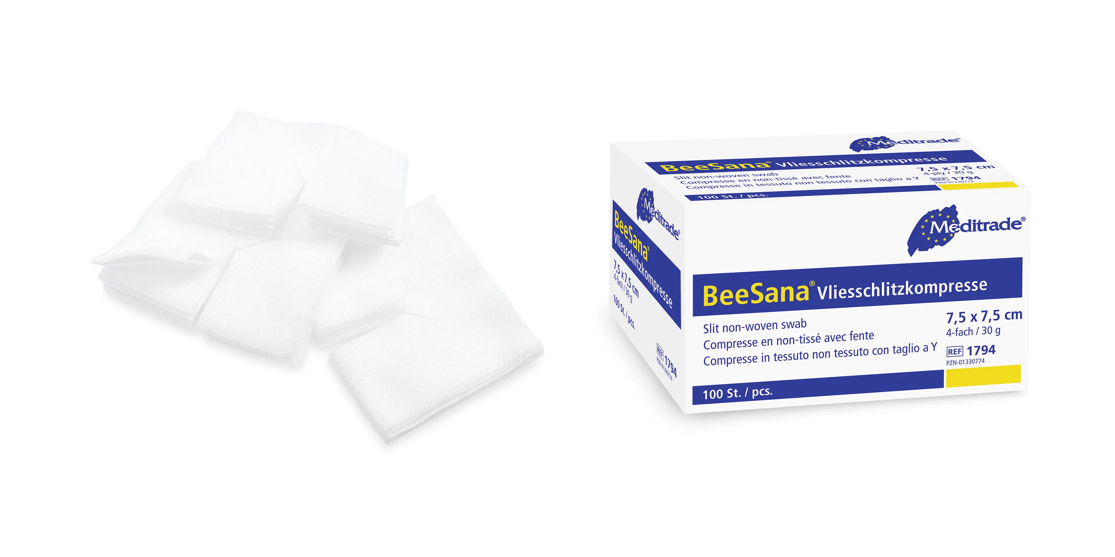 BeeSana® Vliesschlitzkompresse, unsteril, 4-fach, 30 g