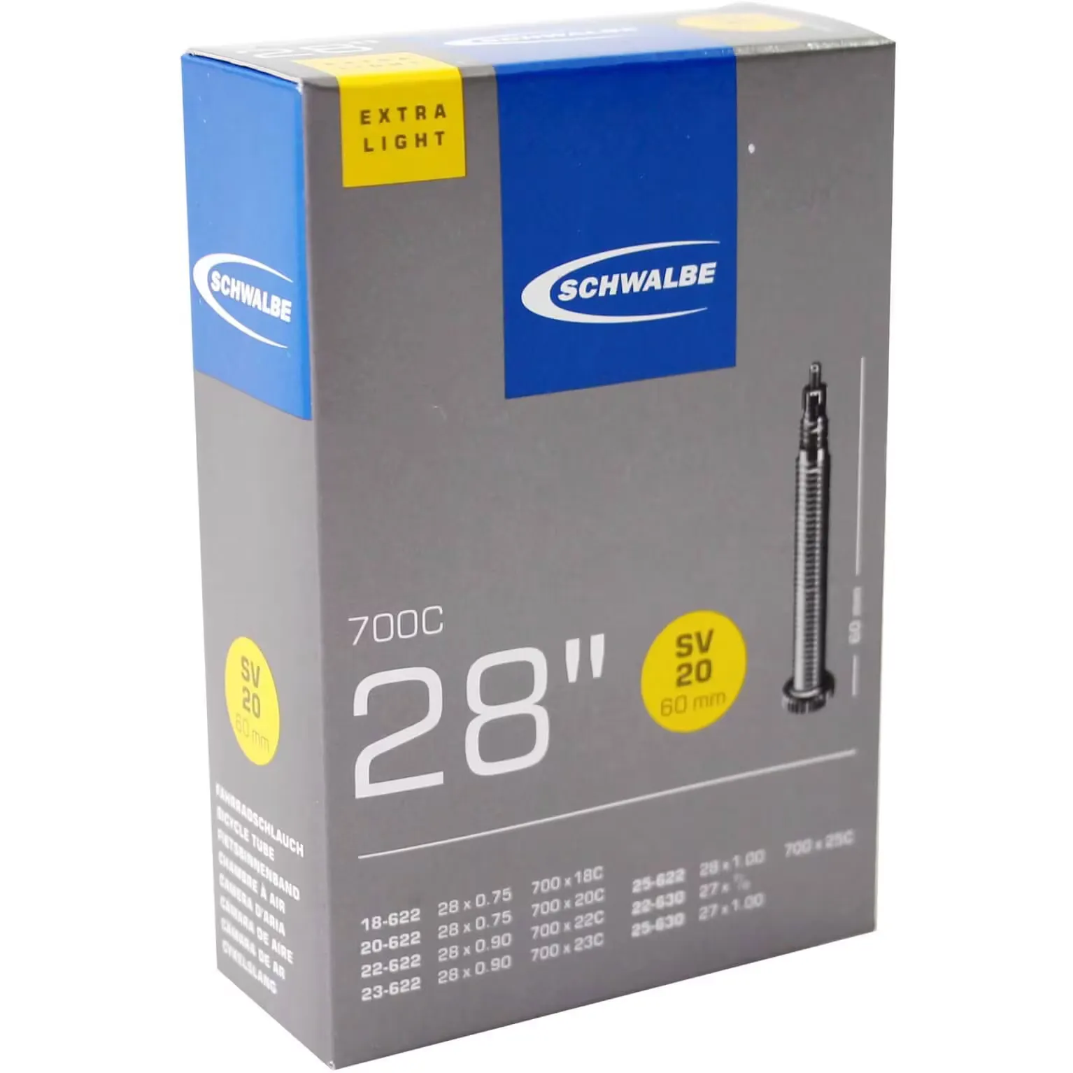 28" x 1" (18/25-622),  Schwalbe Schlauch mit 60 SV Ventil