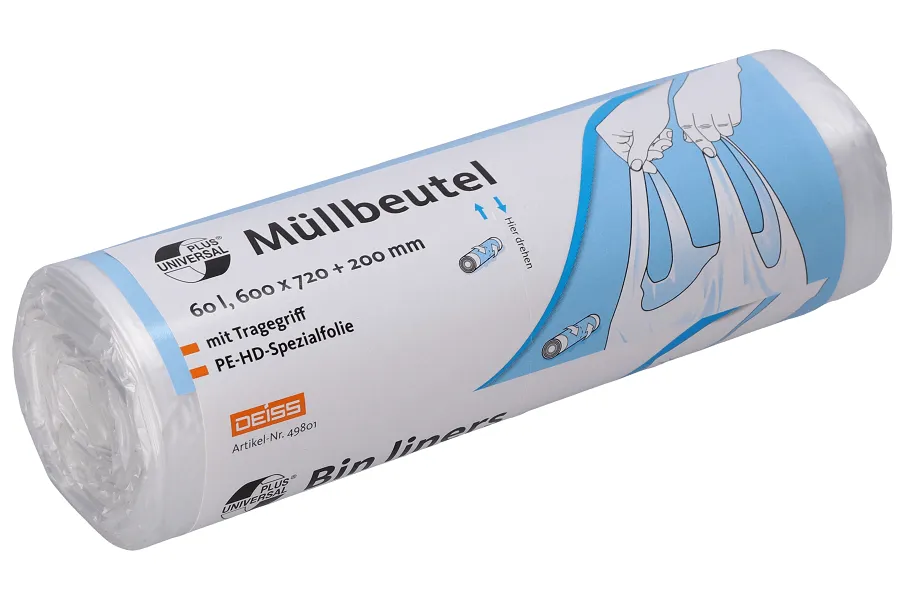 Deiss UNIVERSAL PLUS Müllbeutel aus HDPE 60 L, mit Trage. Deiss UNIVERSAL PLUS Müllbeutel aus HDPE 60 L, mit Trage.