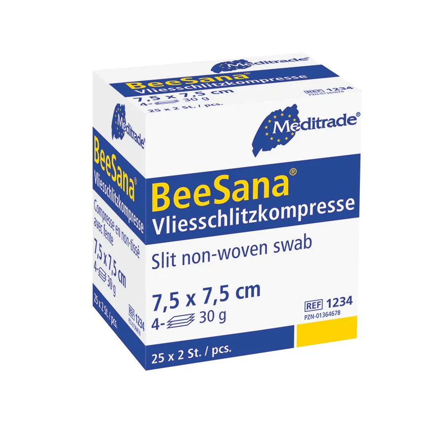 BeeSana® Vliesschlitzkompresse, steril, 4-fach, 30
