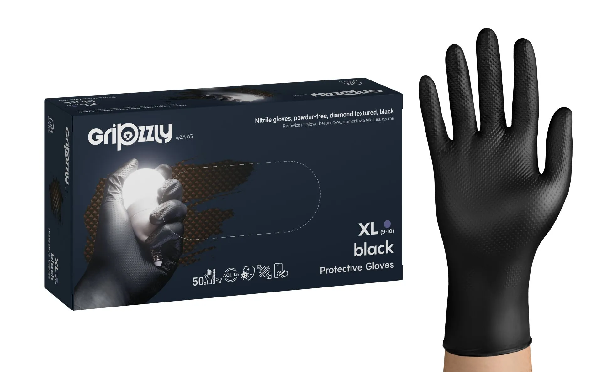 Gripzzly Nitrile gloves, powder-free, diamond tex. black XL