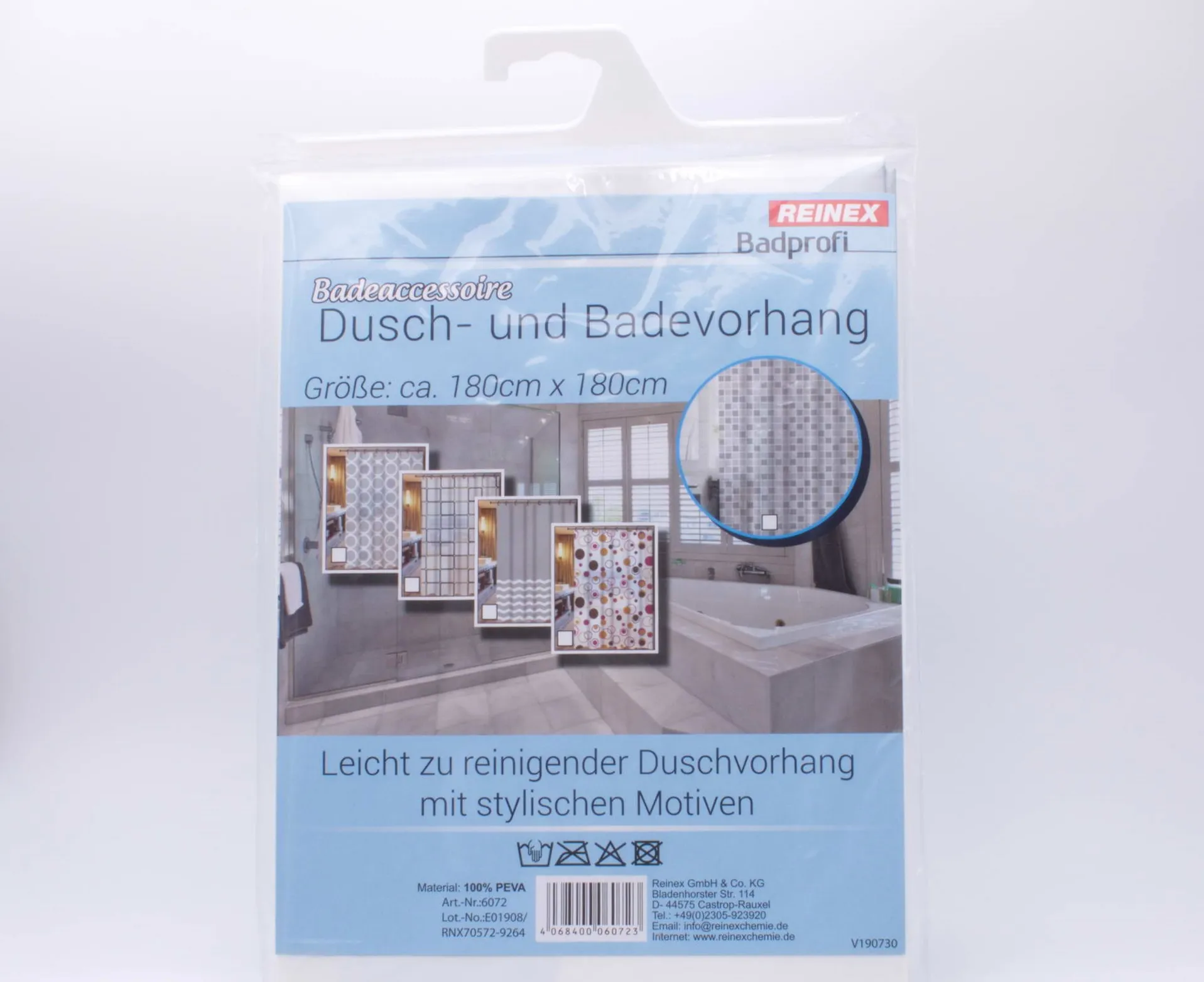 REINEX Duschvorhang mit Haken, PEVA, 1,8 x 1,8 m